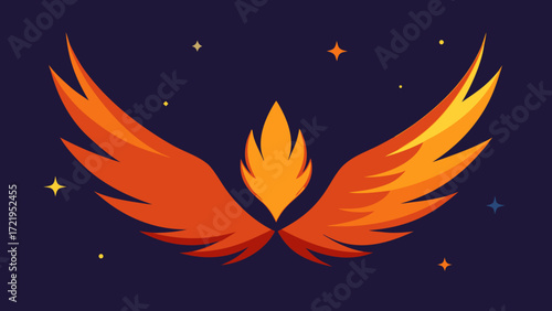 Vector illustration of an angel wings symbol with a fiery heart and feathers