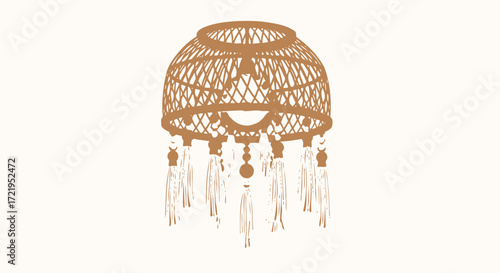Vintage Bohemian Rattan Pendant Light Fixture Design Element Illustration