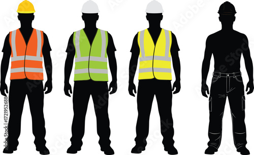 Construction workers, safety gear, PPE, hard hats, reflective vests, industrial site, silhouettes, labor force, workplace safety, uniform, cargo pants, helmet, visibility, protection