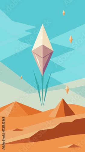Vector illustration of the ancient Egyptian pyramids of Giza in the desert landscape at sunset