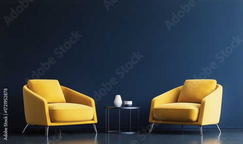 Bright Yellow Chairs in a Modern Living Room With Blue Walls and Greenery