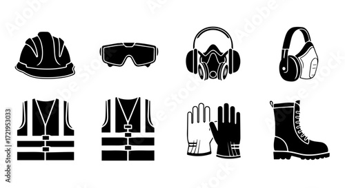 A collection of monochrome glyph icons depicting essential personal protective equipment for construction and industrial work safety