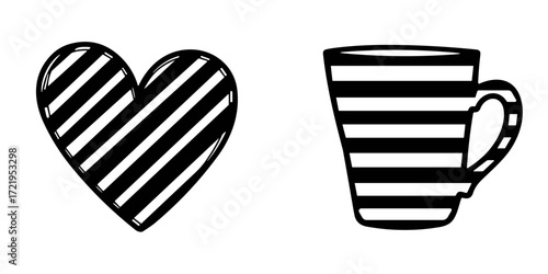 Striped heart and striped mug icons in black and white design  
