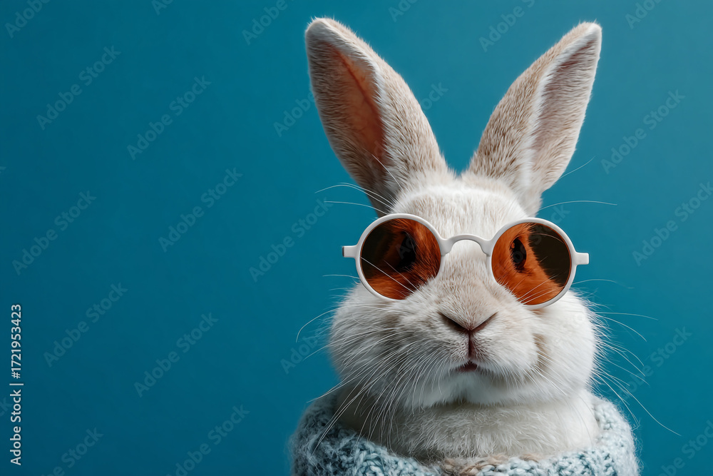 Obraz premium Cute bunny wearing sunglasses and a sweater against a blue background