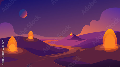Mountain landscape at sunset with an orange sky and a full moon rising over the horizon