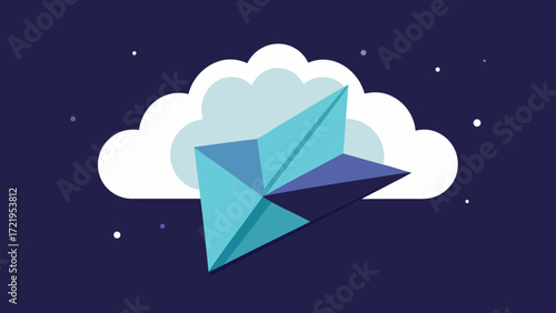 Vector paper origami airplane flying against a cloudy blue sky, a heart-shaped diamond symbol of love and travel