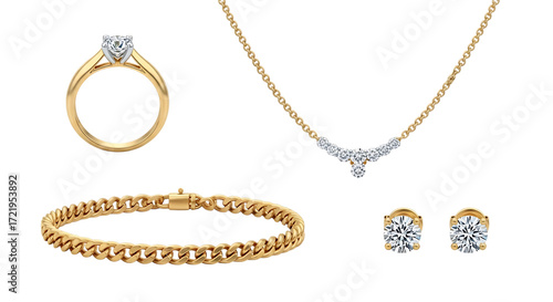 A collection of jewelry including a diamond ring, gold bracelet, diamond necklace and diamond earrings