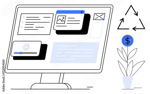 Desktop monitor displaying multimedia content and messages, alongside a recycling icon and plant pot with a dollar coin. Ideal for technology, sustainability, finance, eco-friendly practices