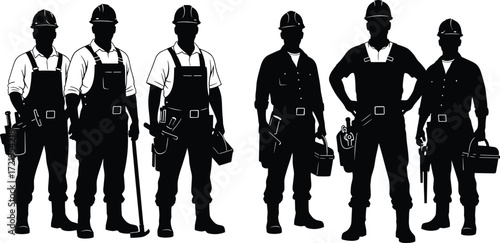 Construction workers, silhouettes, hard hats, teamwork, labor force, industrial tools, maintenance crew, safety gear, manual work, skilled professionals, job site, unity