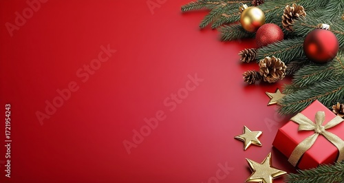 Festive Holiday Decorations With Red Background and Colorful Gifts for a Joyf...