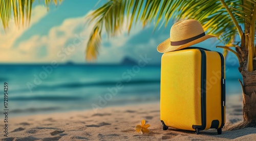 Bright Yellow Suitcase With Sun Hat on Beach Near Ocean Under Palm Trees Duri...