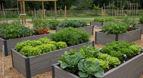 Vegetable garden with raised beds of lettuce cabbage and tomatoes