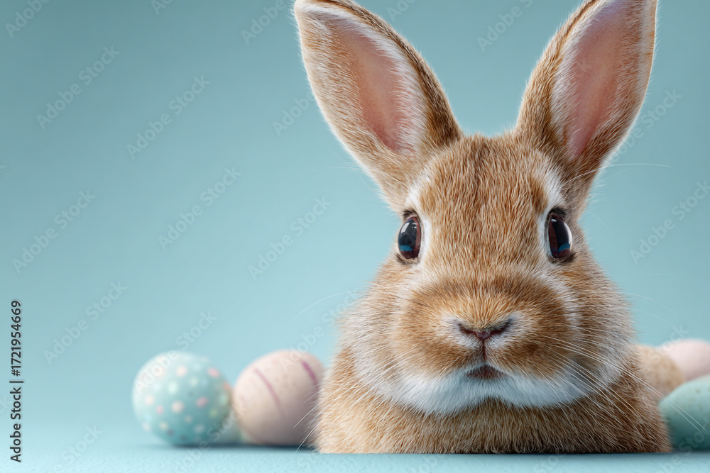 Obraz premium Adorable Easter bunny surrounded by pastel eggs a springtime scene