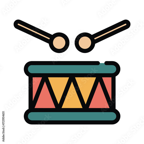 Colorful cartoon drum and drumsticks musical instrument graphic for children's music education
