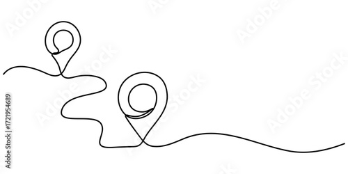 Continuous one line drawing of path and location pointers pin road icon journey marker vector illustration. 