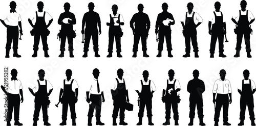 Construction workers, silhouettes, tools, labor, industrial, teamwork, hard hats, manual work, tradesmen, black figures, wrench, hammer, power tools, job site, safety gear, skilled labor