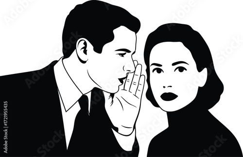 Man whispering secret to woman gossip illustration communication concept art