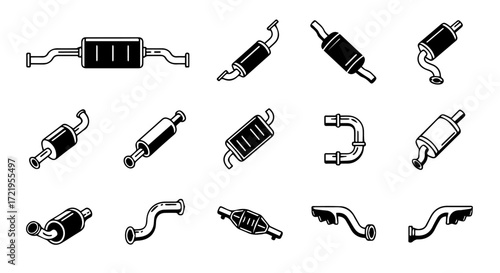 A diverse set of monochrome vector icons illustrating various components of a car's exhaust system, including mufflers and pipes