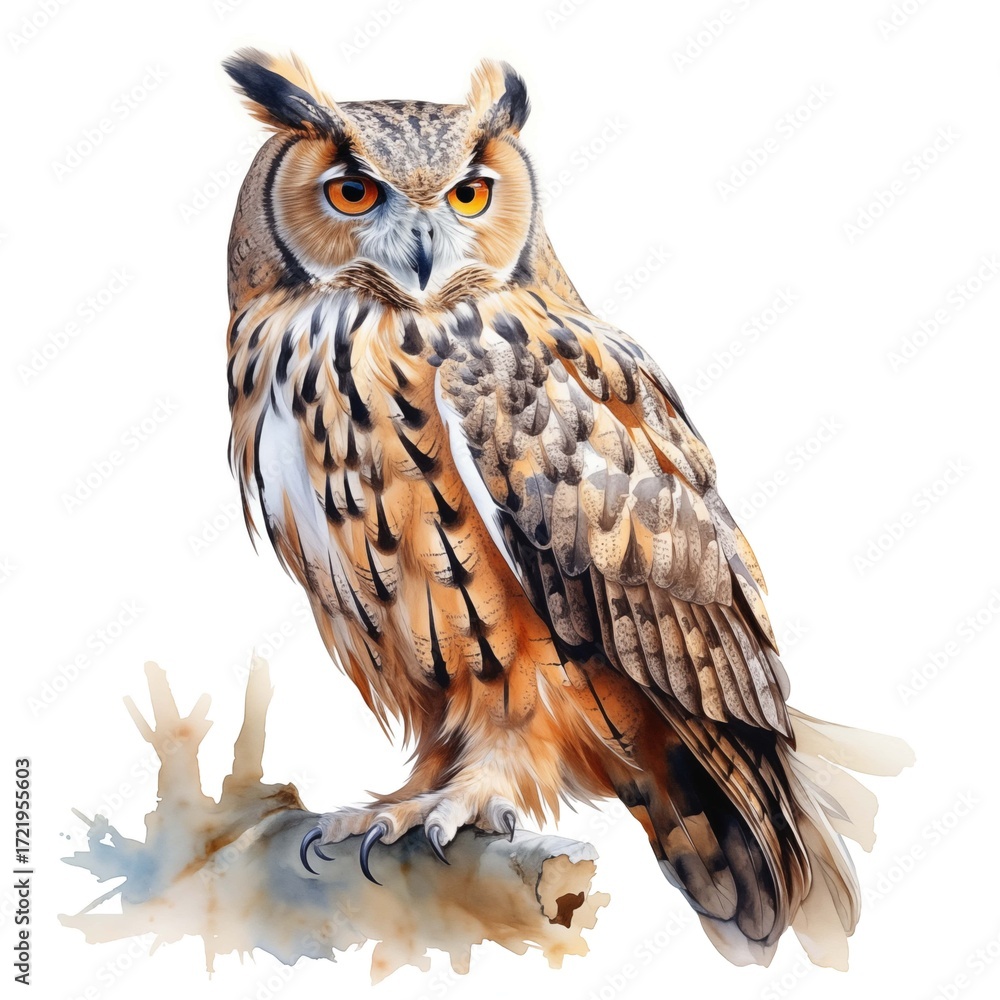 Obraz premium A detailed watercolor-style illustration depicts a Eurasian eagle-owl with orange eyes, perched on a light brown branch against a white background.