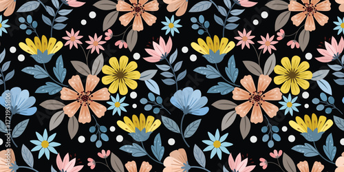 Vibrant seamless floral pattern with delicate flowers and lush leaves isolated on black background