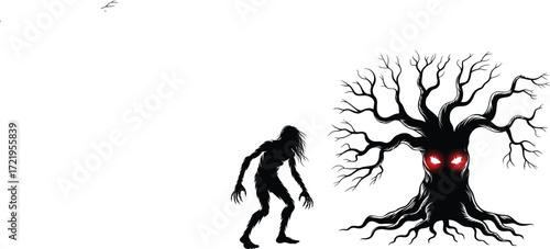 Silhouette of creepy monster and spooky tree with glowing eyes vector design