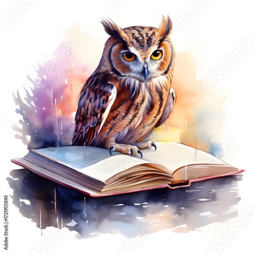 Wallpaper Mural A long-eared owl with orange eyes sits on a large, open book, depicted in a painterly watercolor style against a white background. Torontodigital.ca
