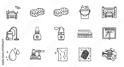Car Wash Cleaning Service Icons Line Art Collection