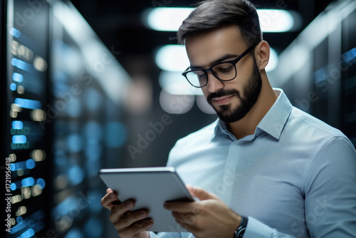 It professional working on a digital tablet, managing data and network infrastructure in a modern server room, ensuring efficiency and secure operation of systems