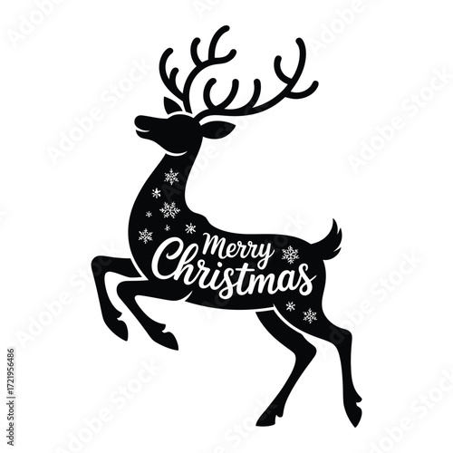 Festive reindeer silhouette with merry christmas text and snowflakes festive celebration