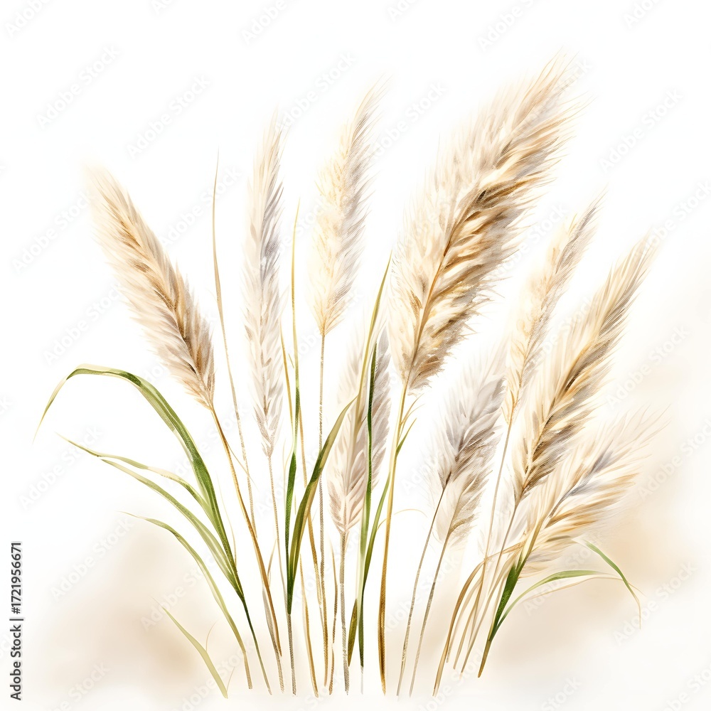 Fototapeta premium The illustration shows a bunch of pampas grass with long, feathery plumes and green leaves against a white background.