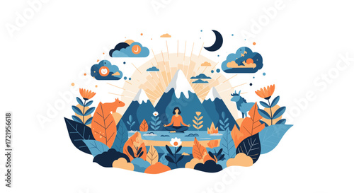 A woman meditates peacefully in a serene mountain landscape under the moon and sun.