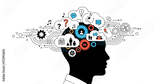 Conceptual illustration of a human head with various elements of thought and creativity emerging.
