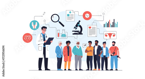 A doctor stands in front of a diverse group of people with various medical symbols floating around them.