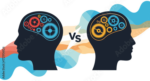 Cognitive differences between two minds as shown by gear mechanisms within silhouettes.