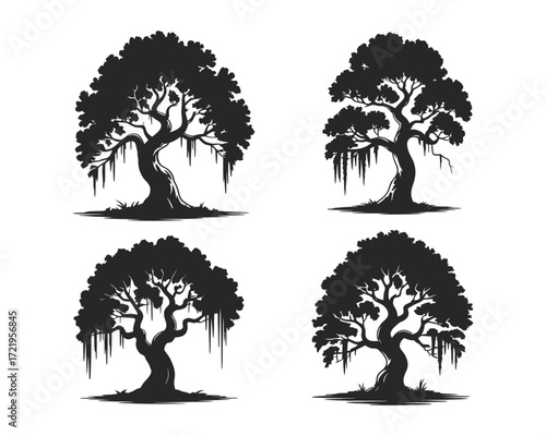 Black and white vector of cypress trees with spanish moss minimalist illustration