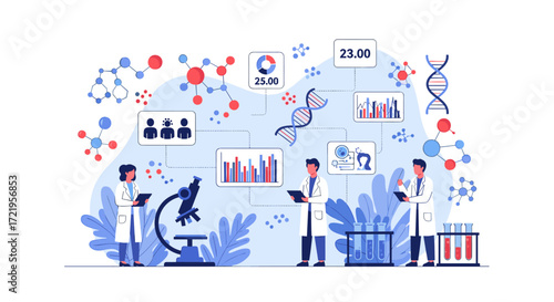 Scientists conducting research and analyzing data in a modern laboratory setting.