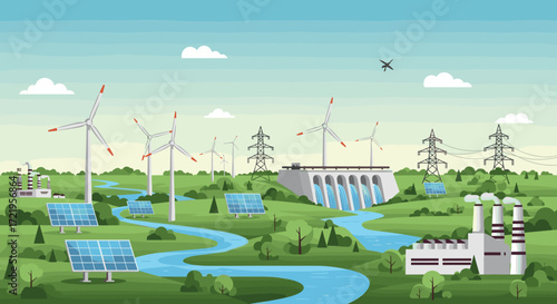 Renewable energy sources powering a sustainable future with clean electricity generation and power transmission.