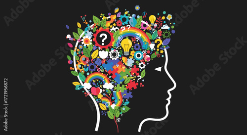 The intricate and colorful explosion of ideas within a human head representing creativity and imagination.