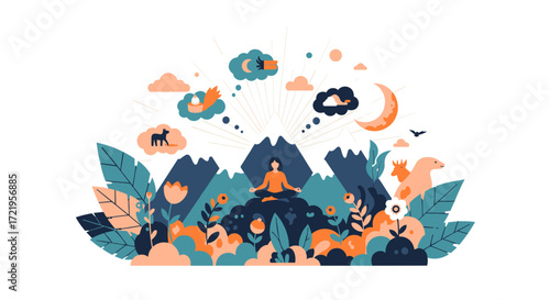 A person meditates peacefully amidst a vibrant landscape of mountains plants and animals.