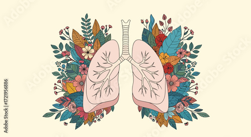 The lungs are intricately decorated with beautiful flowers and leaves signifying health and life.