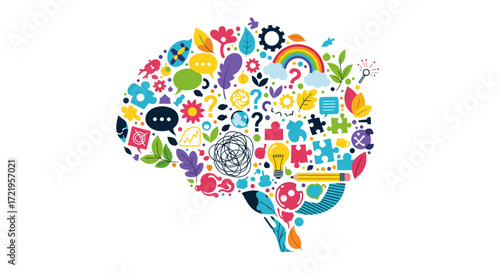 A colorful illustration of the human brain filled with various icons and symbols representing different aspects of thinking and creativity.
