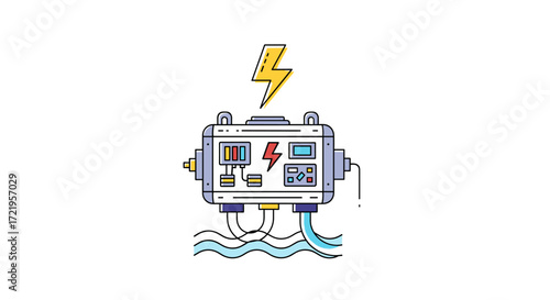 An abstract illustration of an electrical power generation device submerged in water with a lightning bolt symbol indicating energy output.