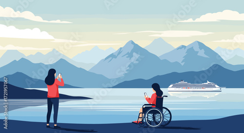 Two people enjoying a scenic view of a cruise ship sailing across a tranquil lake with majestic mountains in the background.