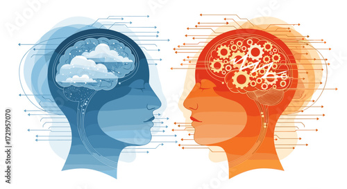 Conceptualizing the contrast between human intuition and artificial intelligence processing power.