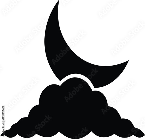 Stylized crescent moon partly obscured by fluffy clouds creating a dreamy night sky silhouette perfect for design elements