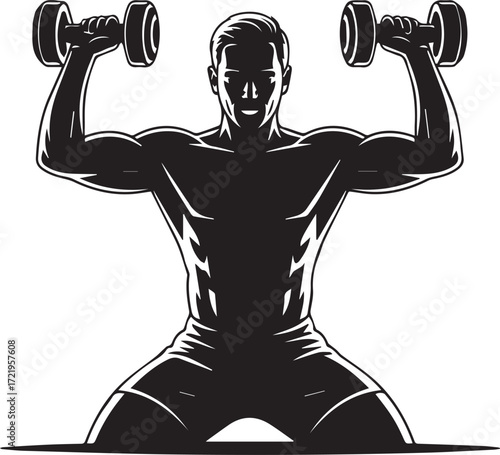 Powerful fitness athlete silhouette lifting dumbbells for strength training workout