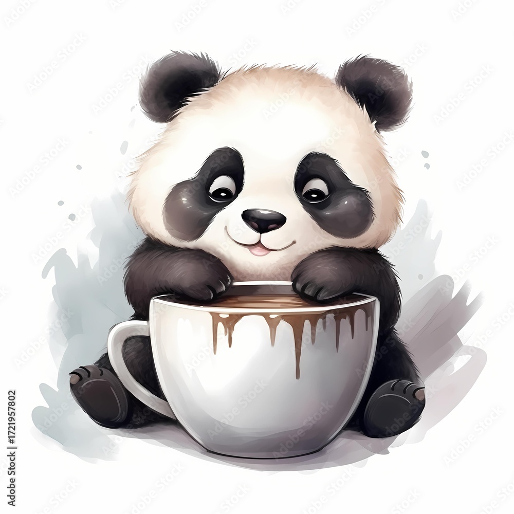 Fototapeta A cute illustration shows a cartoon panda sitting and holding a large mug filled with hot chocolate, some of which is dripping down the sides.