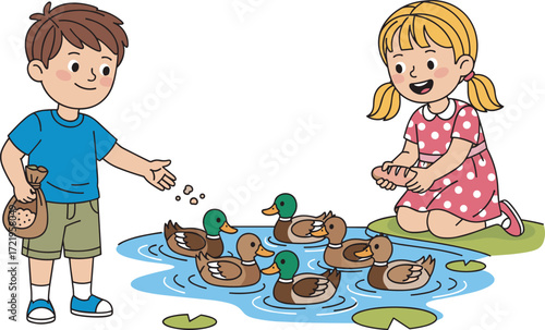 Children feeding ducks, cartoon pond scene, outdoor nature activity, sitting on mat, bread crumbs, lily pads, mallard, vector illustration