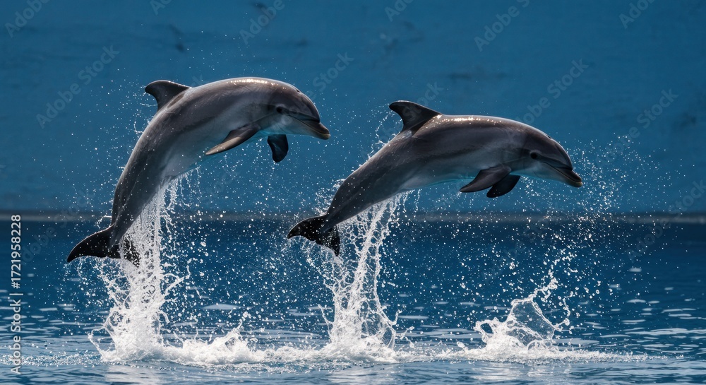 Fototapeta premium Two dolphins leap from the water creating a splash