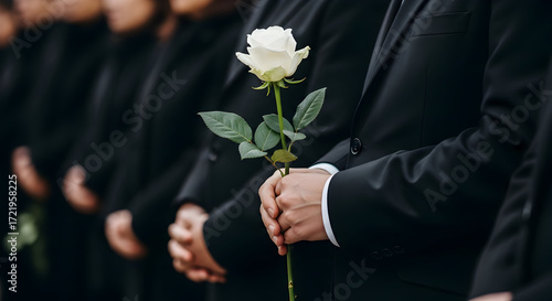 A single white rose held respectfully amidst a group of mourners in black suits symbolizing remembrance and sympathy at a funeral or memorial service
